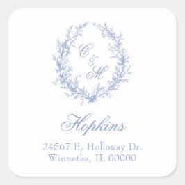 Dusty Blue Monogram Botanica Wreath Rücksendeadres Quadratischer Aufkleber