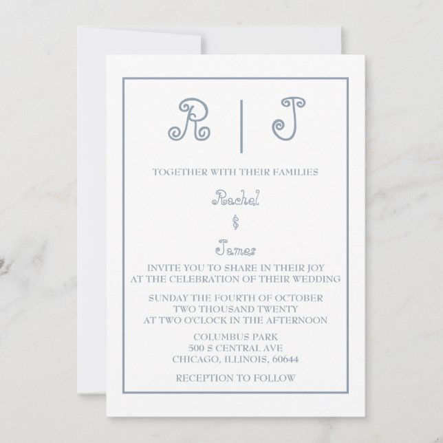 Dusty Blue Monogram Elegant Script Minimal Wedding Einladung (Vorderseite)