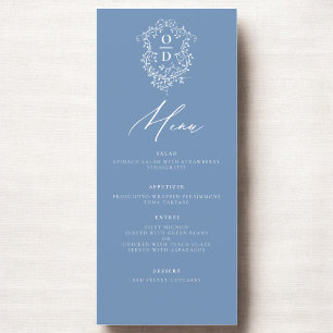 Dusty Blue Monogram Elegant Wedding Empfang Menükarte