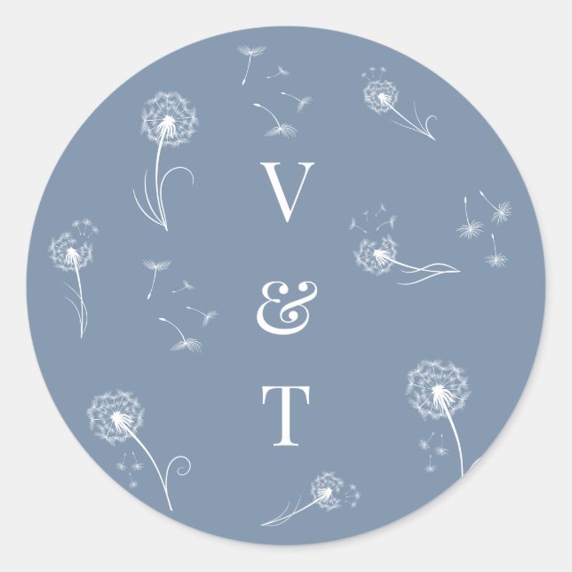 Dusty Blue Monogram Floral Wedding Runder Aufkleber (Vorderseite)