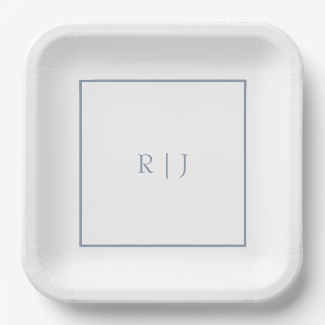 Dusty Blue Monogram Initials Simple Wedding Pappteller (Vorderseite)