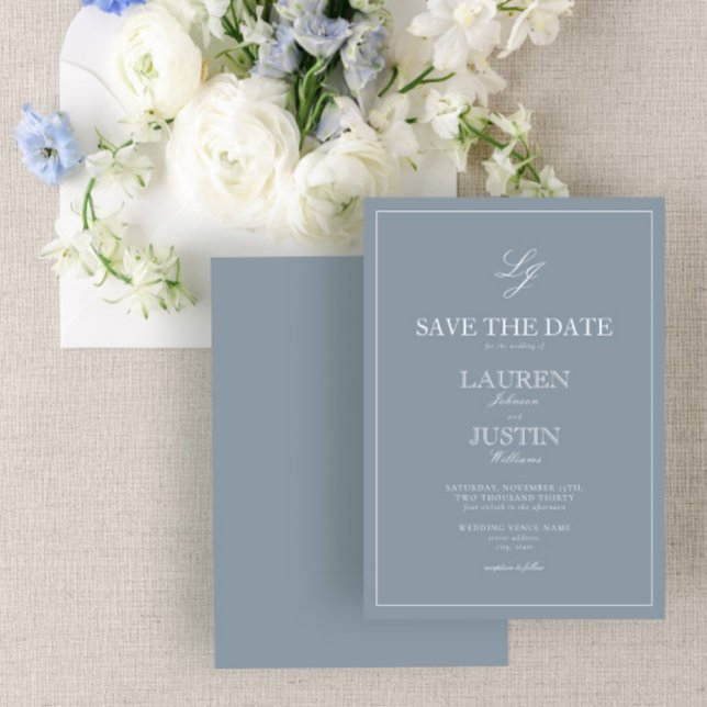 Dusty Blue Monogram Modern Script Save the Date Einladung (Von Creator hochgeladen)