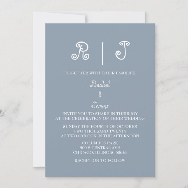 Dusty Blue Monogram Script Minimal Elegante Hochze Einladung (Vorderseite)