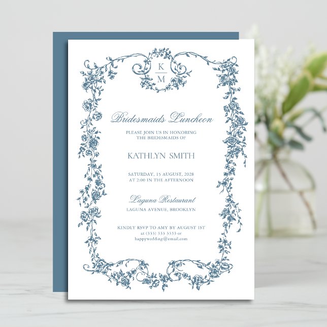 Dusty Blue Monogram Vintag Bridesmaids Luncheon Einladung (Von Creator hochgeladen)
