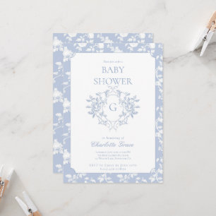 Dusty Blue Monogram Wappen Baby Shower Einladung