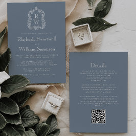 Dusty Blue Monogram Wappen QR Code Wedding Einladung