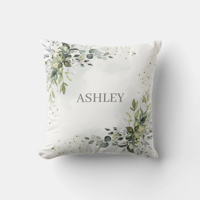 Dusty Blue Monogram Watercolor Greenername Kissen (Vorderseite)