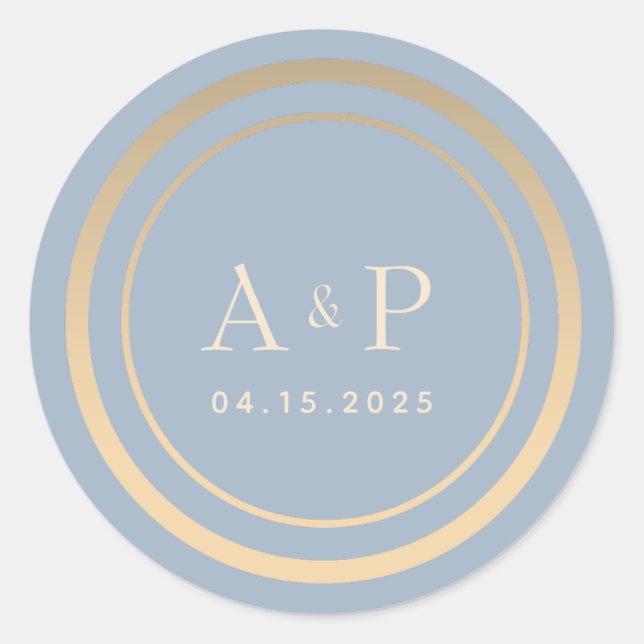 Dusty Blue Monogram Wedding Classic Round Sticker (Vorderseite)