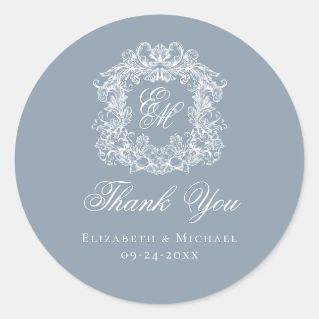 Dusty Blue Monogram Wedding Crest Thank You Runder Aufkleber (Vorderseite)
