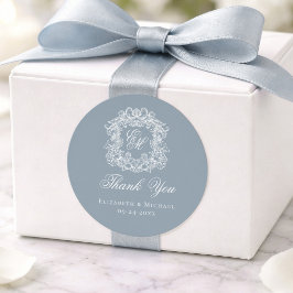 Dusty Blue Monogram Wedding Crest Thank You Runder Aufkleber