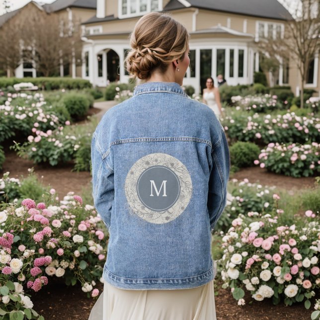 Dusty Blue Monogram Wedding Denim Jacket Jeansjacke (Hochzeit Rückseite)