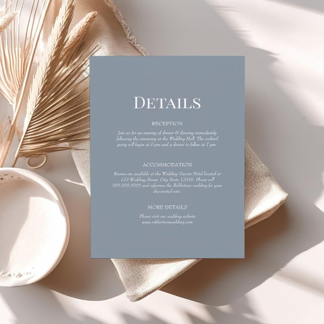 Dusty Blue Monogram Wedding Details Enclosure Card Einladung (Dusty Blue Monogram Wedding Details Enclosure Card on sunny white table with neutral boho decor.)