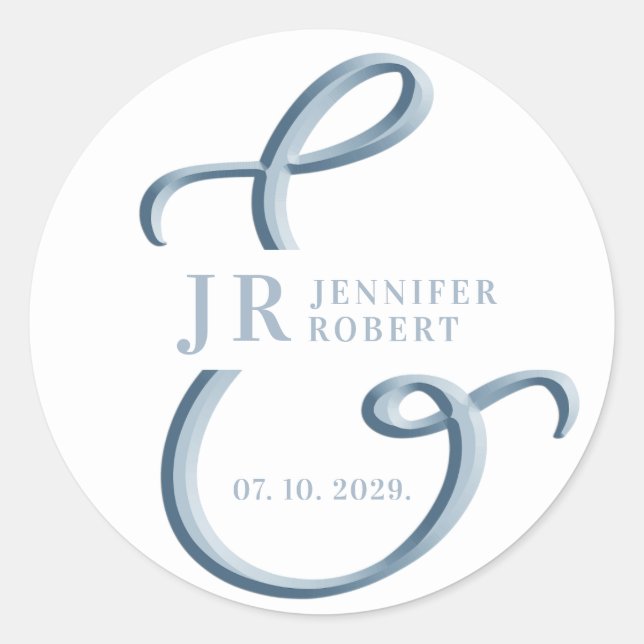 Dusty Blue Monogram Wedding Runder Aufkleber (Vorderseite)