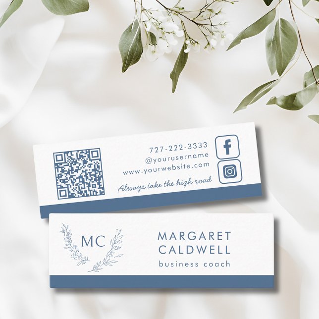 Dusty Blue Monogram Wreath Mini Visitenkarte (Dusty Blue Monogram Wreath Social Media Mini Business Card)