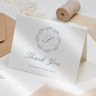Dusty Blue Monogram Wreath Wedding Vielen Dank Karte