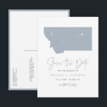 Dusty Blue Montana Karte QR-Code Save the Date<br><div class="desc">Mit diesem QR Code Save the Date Postcard kündigen Sie Ihre Montana Hochzeit kühl und modern an und zeigen eine schlanke Silhouette der Montana Staat Karte. Dieses Save the Date-Design eignet sich ideal für Paare, die eine Hochzeit in Montanas atemberaubenden Landschaften planen, sei es in den weiten Ebenen, den majestätischen...</div>