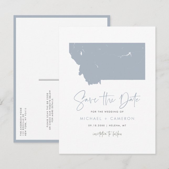 Dusty Blue Montana Karte QR-Code Save the Date (Vorne/Hinten)