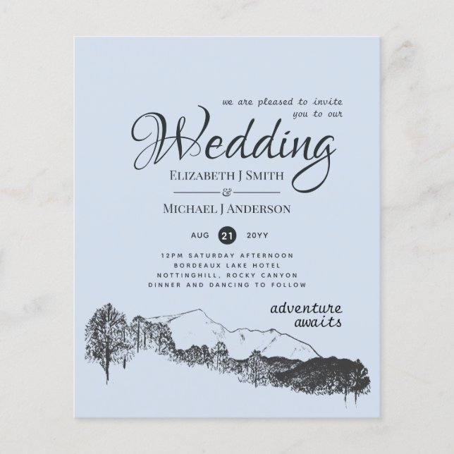 Dusty Blue Mountain Adventure Wedding Budget Flyer (Vorne)