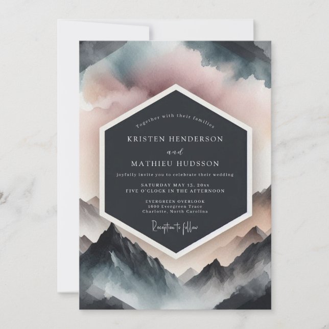 Dusty Blue Mountain Romance Wedding Einladung (Vorderseite)