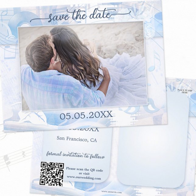 Dusty Blue Music Theme Foto Save the Date Ankündigungspostkarte (Von Creator hochgeladen)