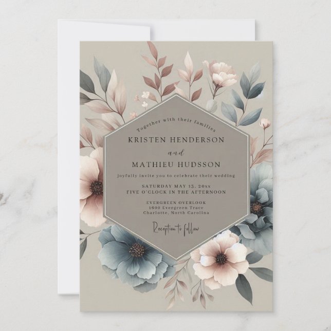 Dusty Blue Muted Bloom Wedding Einladung (Vorderseite)