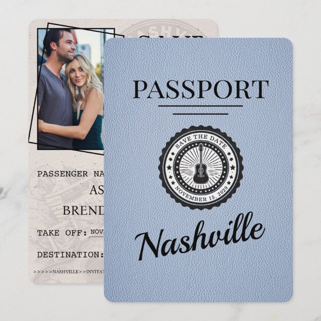 Dusty Blue Nashville Passport Save the Date (Vorne/Hinten)