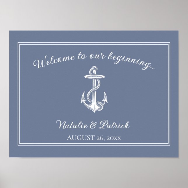 Dusty Blue Nautical Anchor Wedding Poster (Vorne)