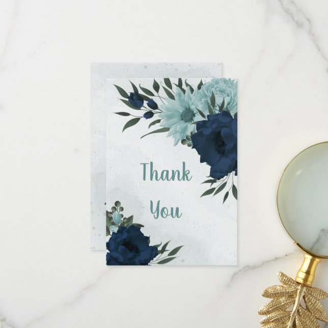Dusty blue & navvy Blume botanisch Dankeskarte (Vorderseite/Rückseite Beispiel)