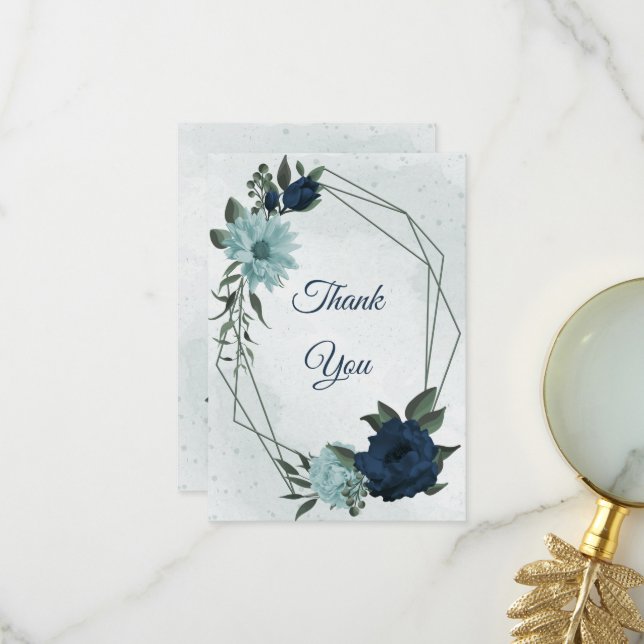 Dusty blue & navvy Blume botanisch Dankeskarte (Vorderseite/Rückseite Beispiel)