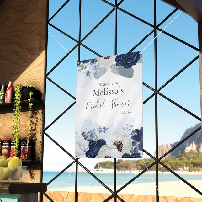 Dusty Blue Navy Bloom Floral Brautparty Banner (Von Creator hochgeladen)