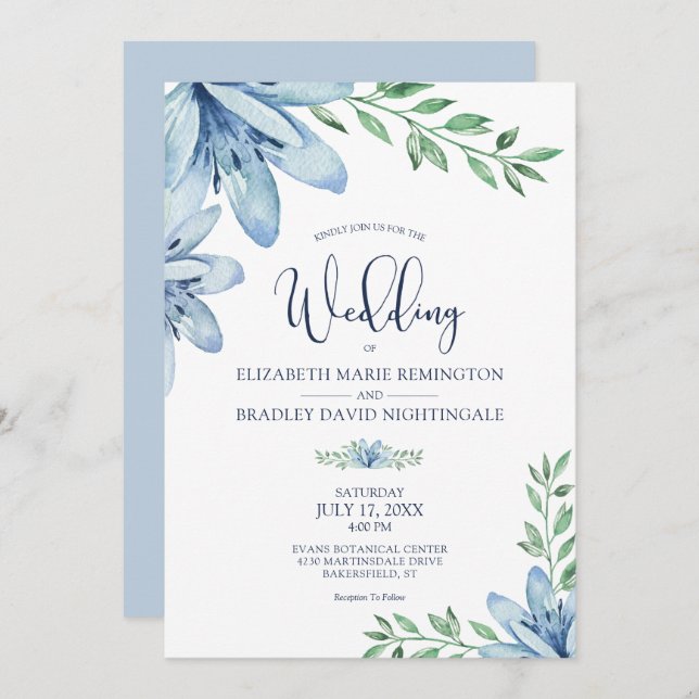 Dusty Blue & Navy Blue Blooms Wedding Einladung (Vorne/Hinten)