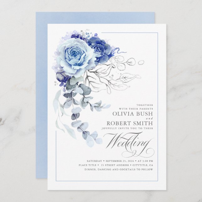 Dusty Blue & Navy Blue Boho Silver Floral Wedding Einladung (Vorne/Hinten)