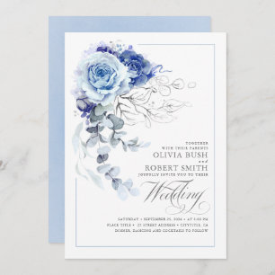 Dusty Blue & Navy Blue Boho Silver Floral Wedding Einladung