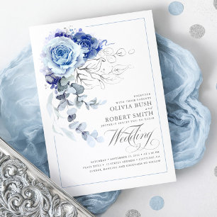 Dusty Blue & Navy Blue Boho Silver Floral Wedding Einladung