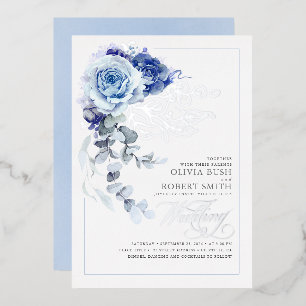 Dusty Blue & Navy Blue Floral Boho Wedding Folieneinladung