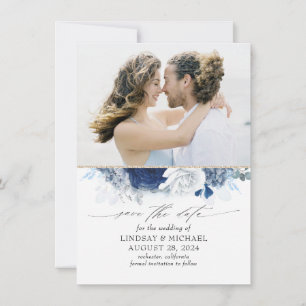 Dusty Blue & Navy Blue Floral Save the Date Foto Ankündigung
