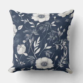 Dusty Blue Navy Blue White Floral Kissen