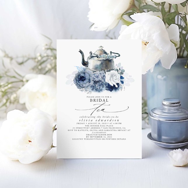 Dusty Blue Navy Blume Elegantes Brautparty Tee Einladung (Bridal Shower Tea Party Dusty Blue Invitations)