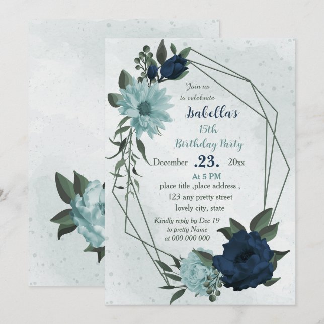 Dusty blue & navy Blume geometrischer Geburtstag Einladung (Vorne/Hinten)