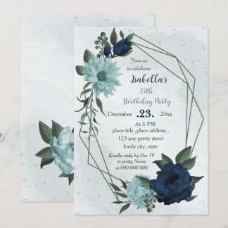 Dusty blue & navy Blume geometrischer Geburtstag Einladung