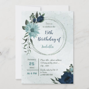 Dusty blue & navy Blume geometrischer Geburtstag Einladung