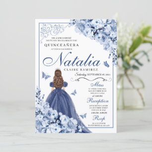 Dusty Blue Navy Blume Tiara Quinceañera Einladung