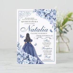 Dusty Blue Navy Blume Tiara Quinceañera Einladung