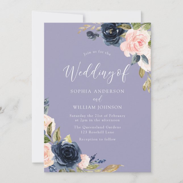 Dusty Blue Navy & Blush Blume Einladung Hochzeit (Vorderseite)