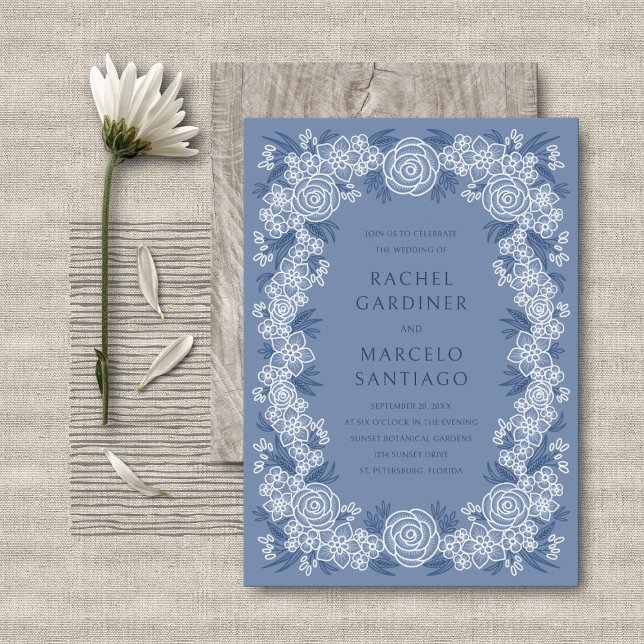 Dusty Blue Navy Botanical Floral Wedding Einladung (Von Creator hochgeladen)