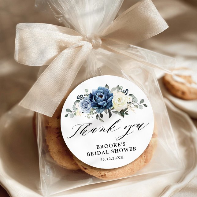Dusty Blue Navy Champagne Elfenbein Danke Klassik Runder Aufkleber (Dusty Blue Navy Champagne Ivory Bridal shower Thank you Classic Classic Round Sticker)