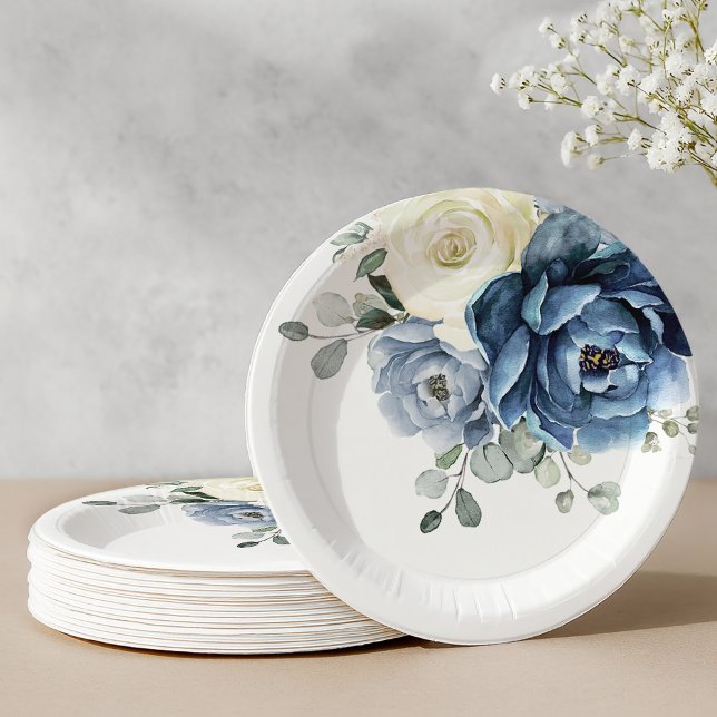 Dusty Blue Navy Champagne Elfenbein Hochzeitspap Pappteller (Dusty Blue Navy Champagne Ivory Floral Wedding Pap Paper Plates)