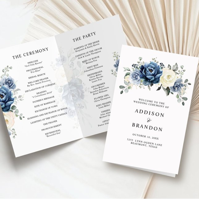 Dusty Blue Navy Champagne Elfenbein Hochzeitsprogr (Dusty Blue Navy Champagne Ivory folded Wedding Program)