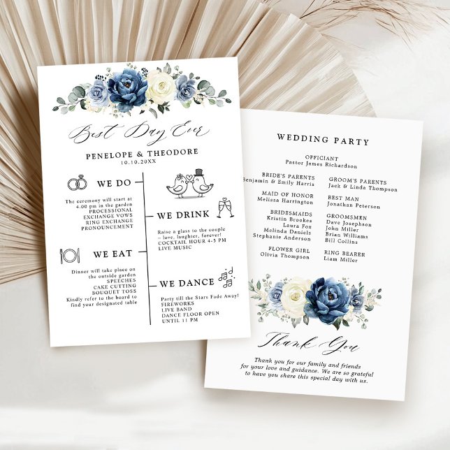 Dusty Blue Navy Champagne Elfenbein Hochzeitsprogr Einladung (Dusty Blue Navy Champagne Ivory Wedding Program card | Best day ever)