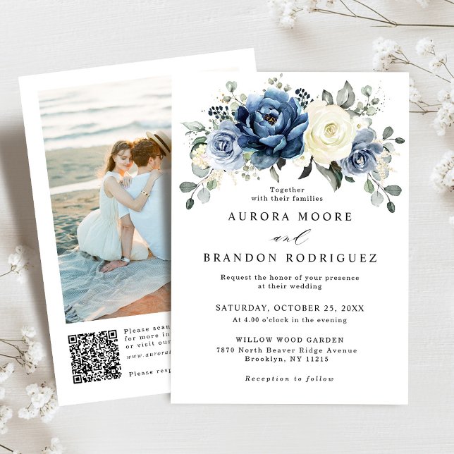 Dusty Blue Navy Champagne Elfenbein QR Code Hochze Einladung (Dusty blue champagne ivory floral QR code Photo wedding invitation)